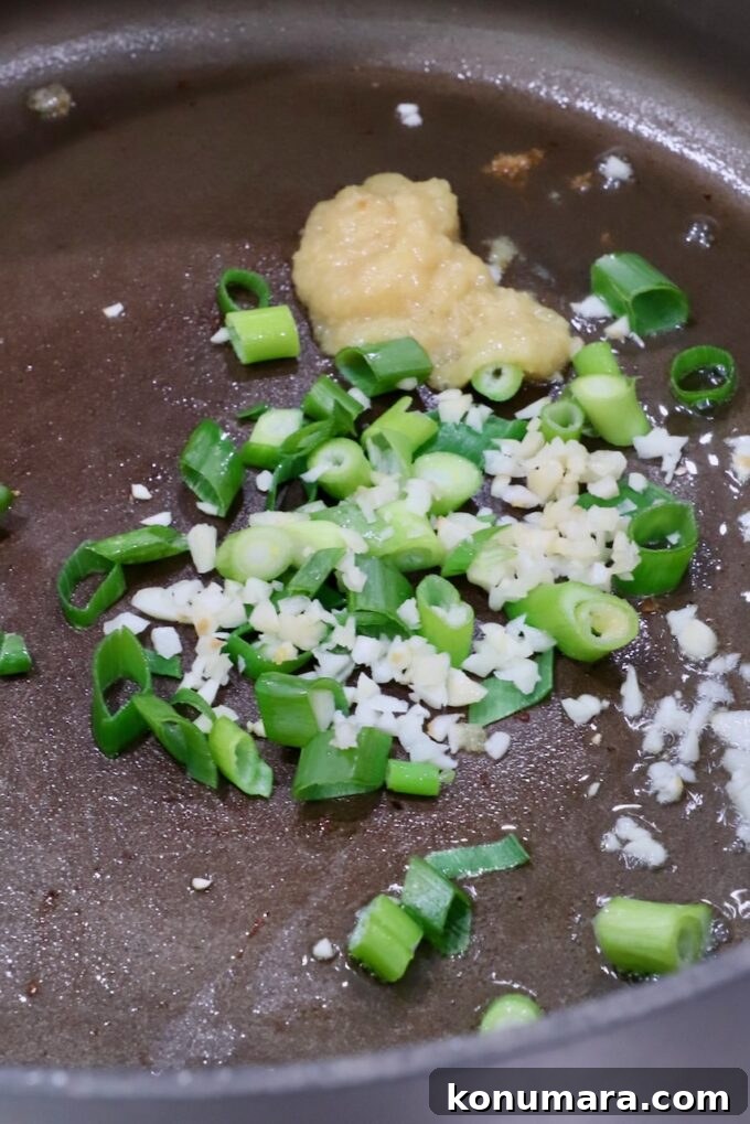 Japanese Gyoza Soup Recipe with Pork Dumplings 5 diced green onions, minced garlic and ginger paste in a pot on the stove