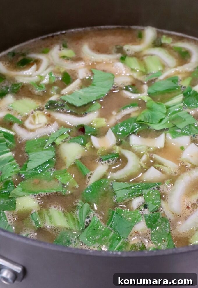 Japanese Gyoza Soup Recipe with Pork Dumplings 6 baby bok choy chopped up in a pot of broth on the stove