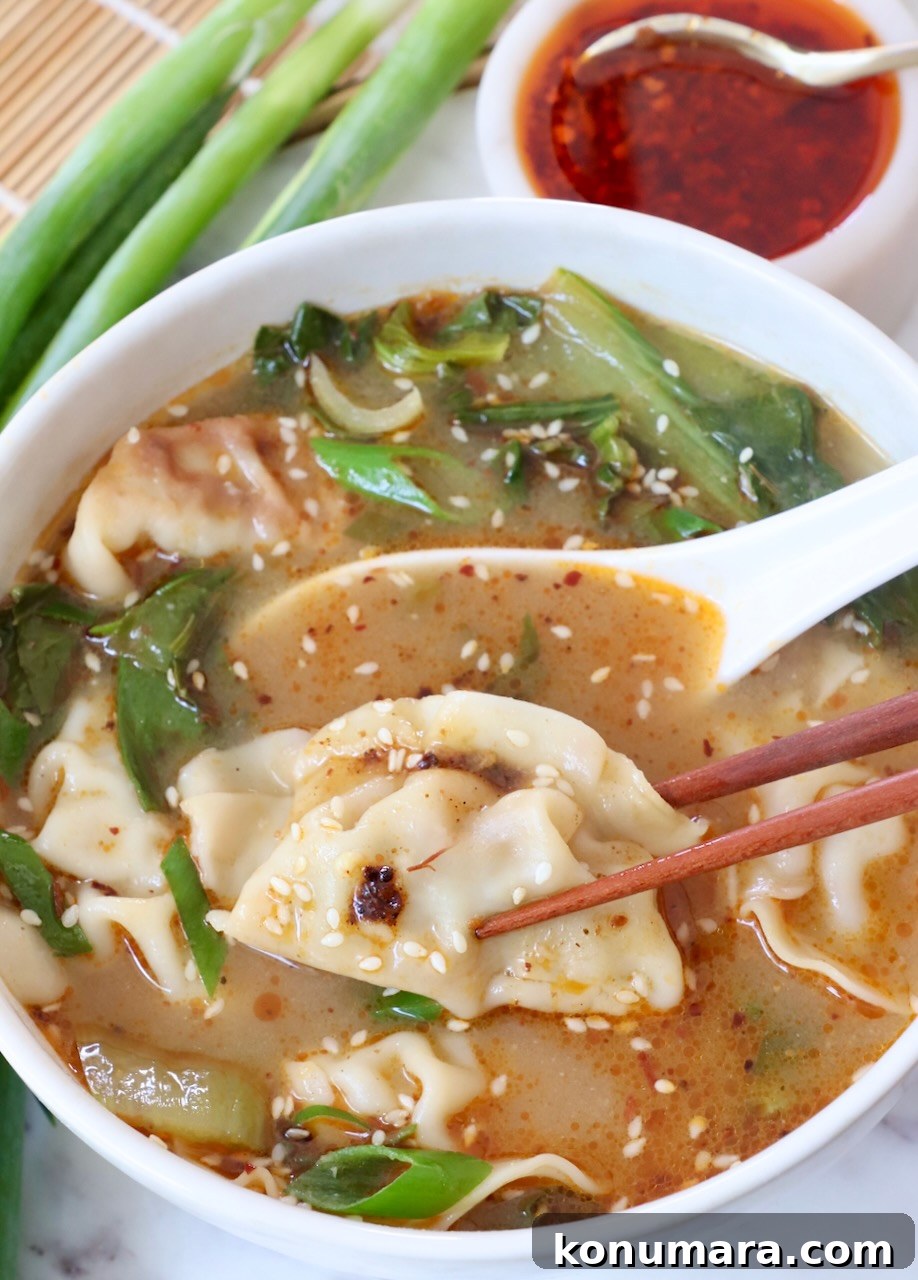 Japanese Gyoza Soup Recipe with Pork Dumplings 8 gyoza soup in bowl with chopsticks and spoon