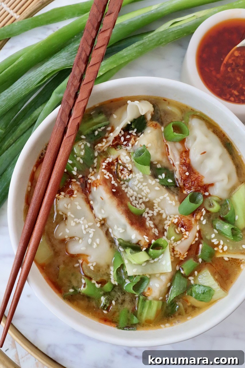 Japanese Gyoza Soup Recipe with Pork Dumplings 9 gyoza soup in a bowl with chopsticks on the side of the bowl