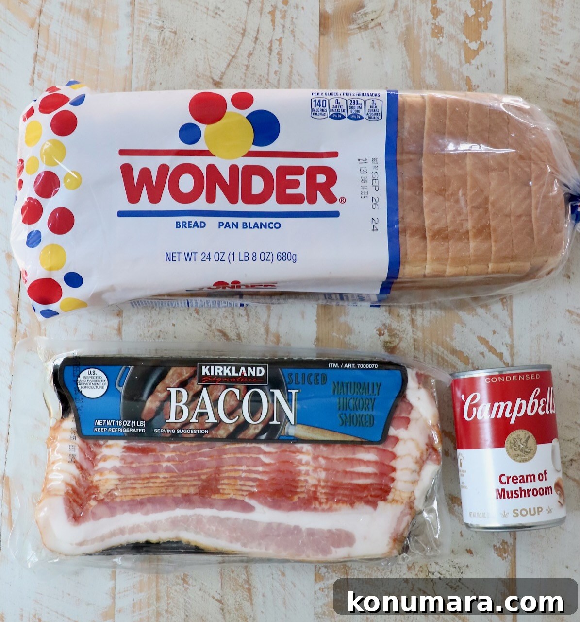 Crispy Bacon Roll Ups with Cream Cheese and Chives 3 a package of bacon, loaf of wonder bread and a can of cream of mushroom soup, on a white wood board