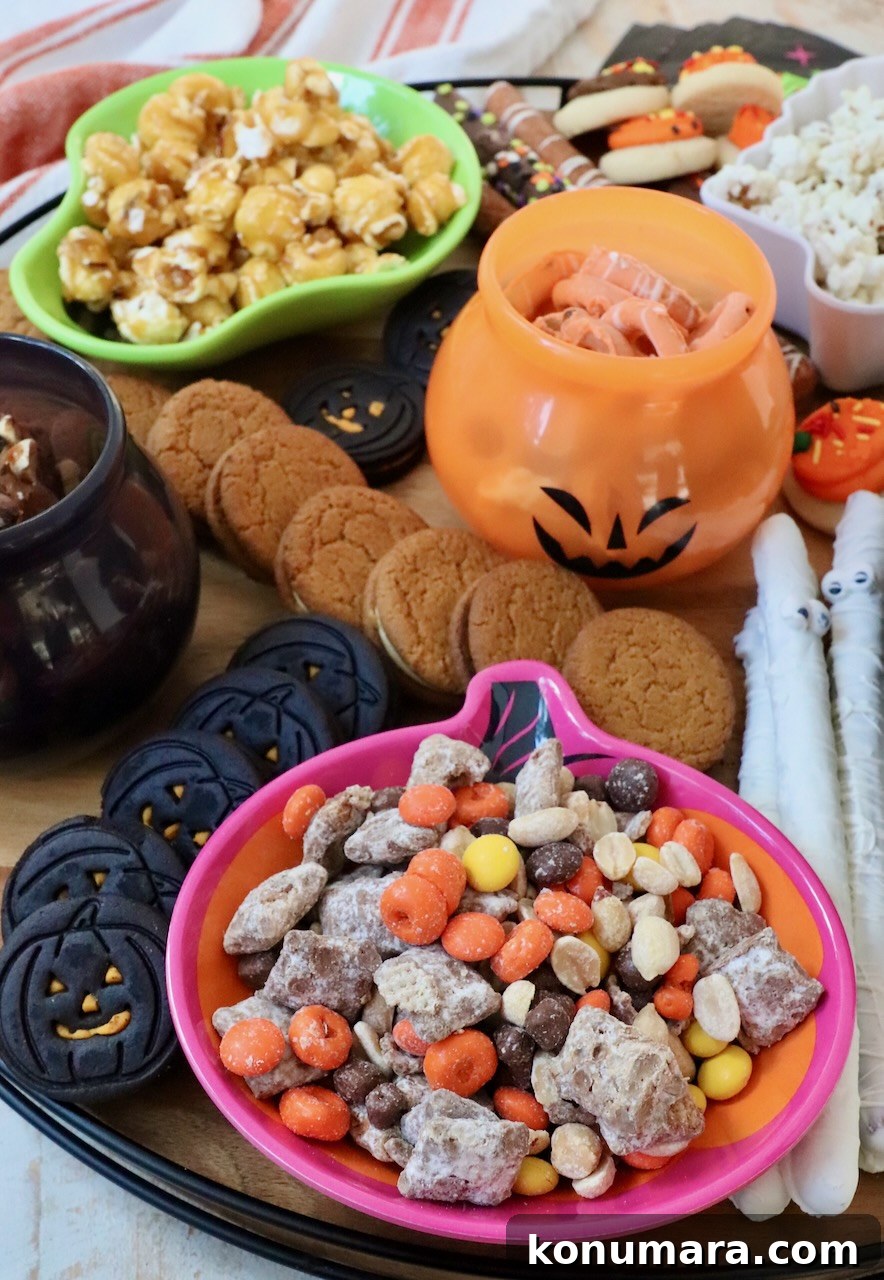 snacks in bowls on a board with cookies and pretzel rods
