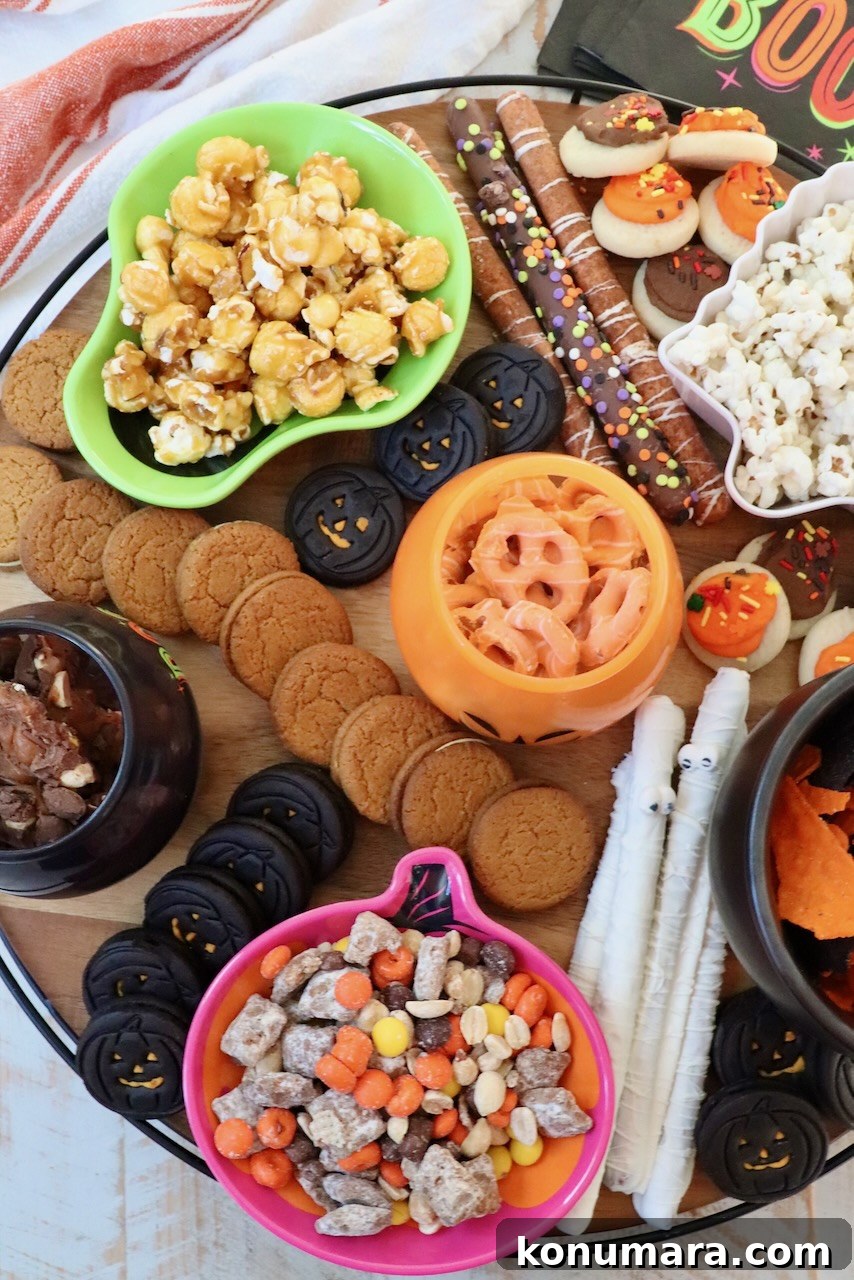 snack board with Halloween themed bowls of pretzels, candies and popcorn