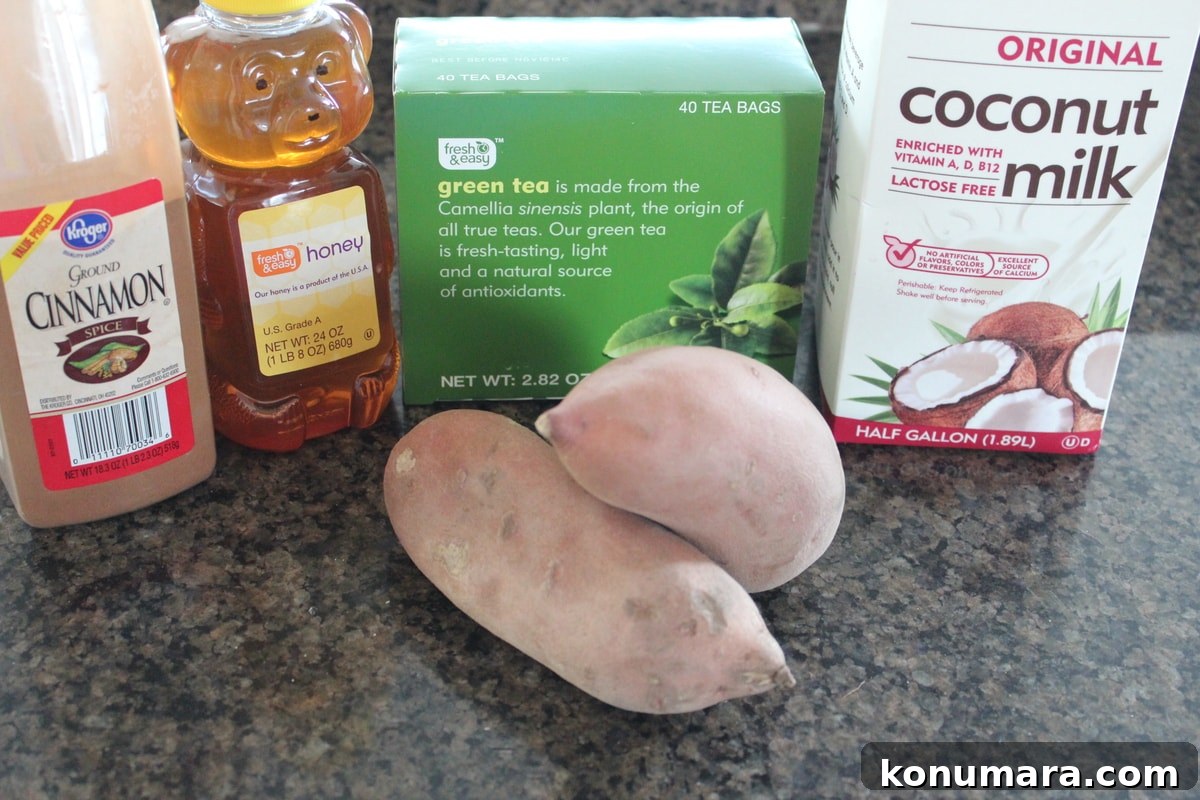 goguma latte ingredients lined up on a countertop