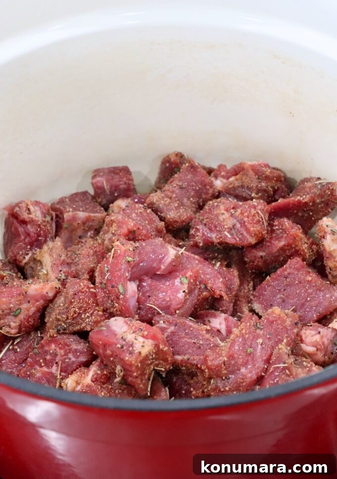 Comforting Slow-Cooked Beef Stew Recipe 4 raw, seasoned, cubed beef in a large dutch oven