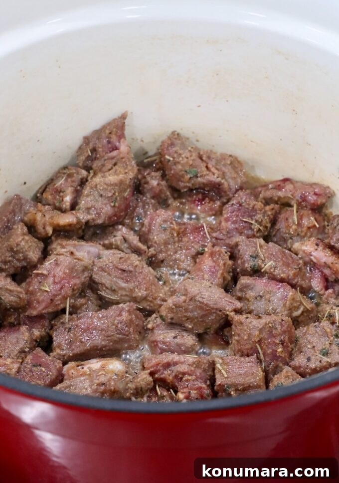 Comforting Slow-Cooked Beef Stew Recipe 5 seared, seasoned, cubed beef in a large dutch oven
