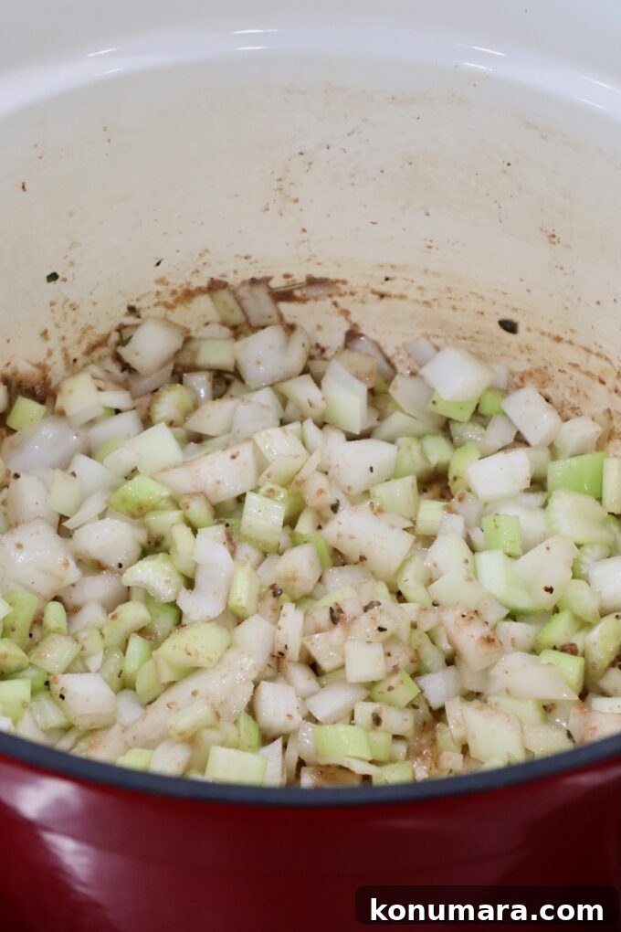 Comforting Slow-Cooked Beef Stew Recipe 6 diced onions and celery in a dutch oven