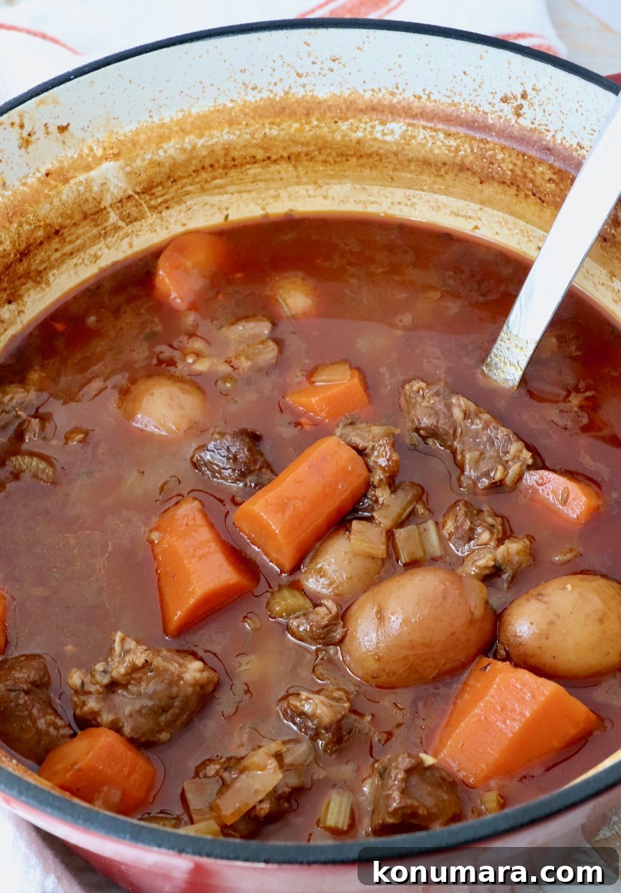 Comforting Slow-Cooked Beef Stew Recipe 10 beef stew in pot with serving spoon