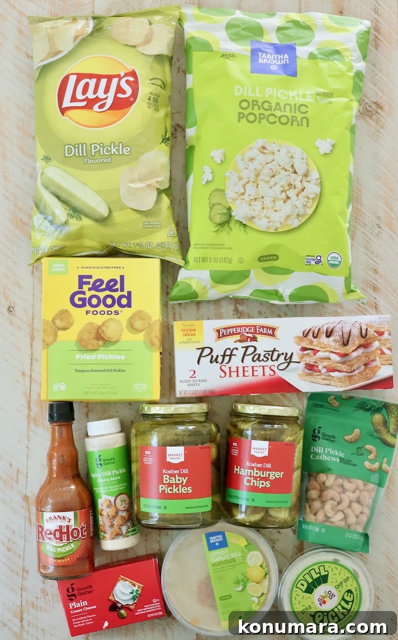 How to Build an Irresistible Pickle Board 3 pickle flavored snacks on a white wood board