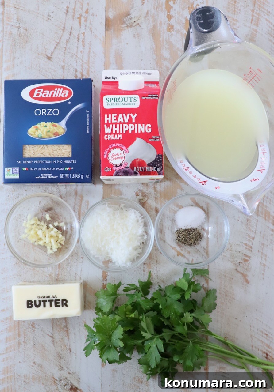 Creamy Garlic Parmesan Orzo Recipe 3 ingredients for creamy orzo pasta on a white wood board