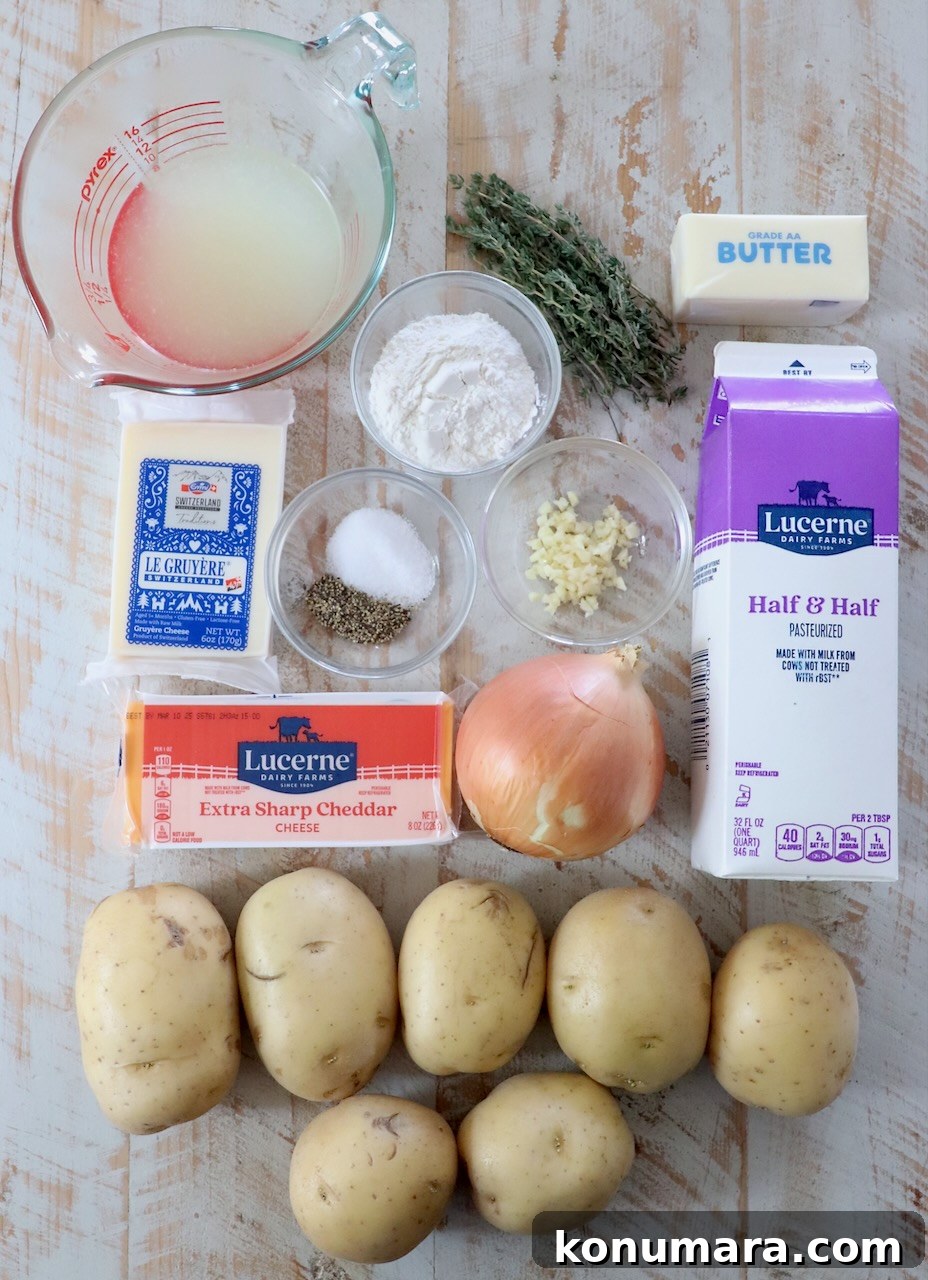 Creamy Au Gratin Potatoes Recipe 3 ingredients for au grain potatoes on a white wood board