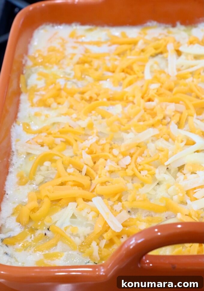 Creamy Au Gratin Potatoes Recipe 9 layered creamy potatoes in a baking dish topped with shredded cheese