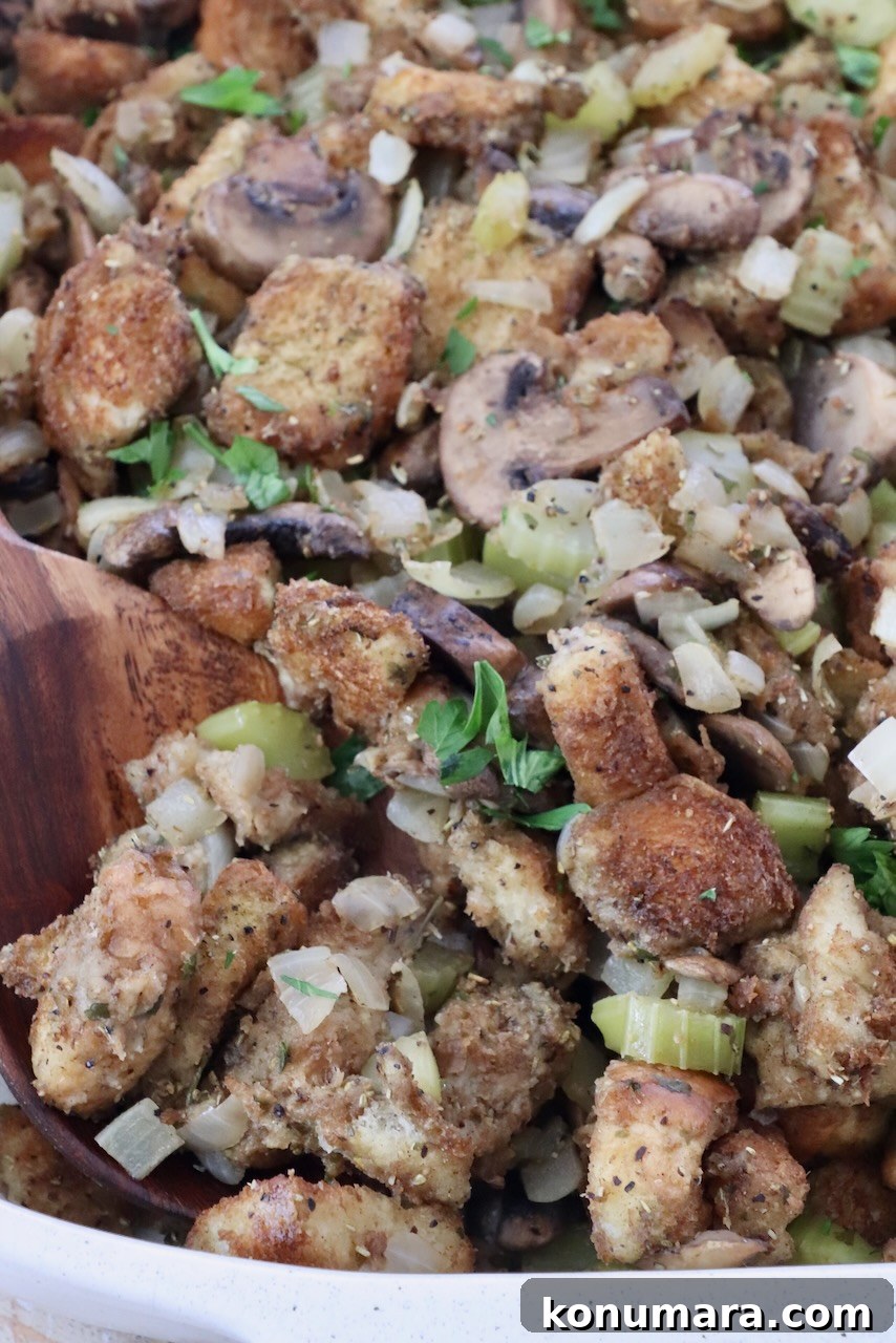 Mushroom Stuffing Recipe with Garlic and Herbs 11 mushroom stuffing in a casserole dish