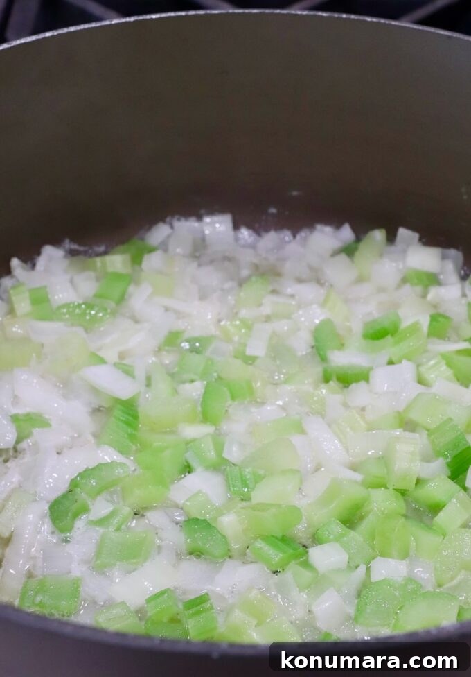 Mushroom Stuffing Recipe with Garlic and Herbs 5 diced onions and celery in a large pot