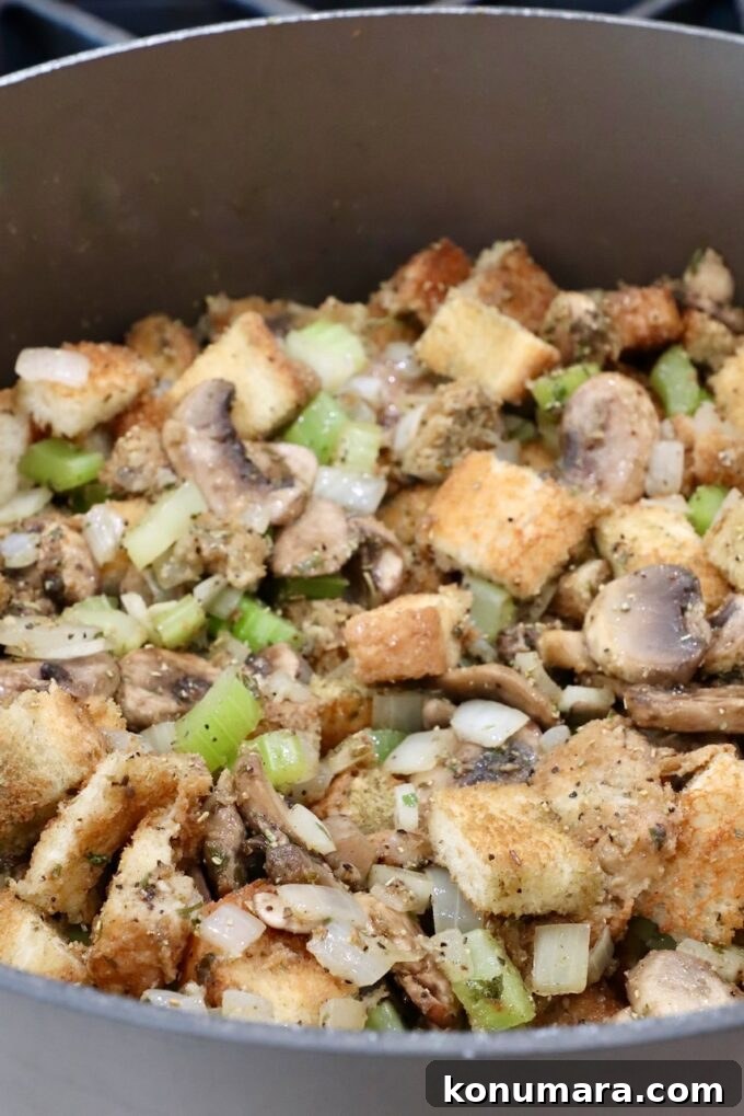 Mushroom Stuffing Recipe with Garlic and Herbs 8 mushroom stuffing in a large pot