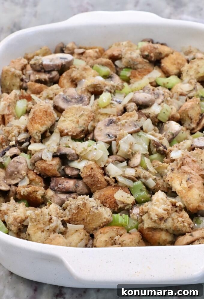 Mushroom Stuffing Recipe with Garlic and Herbs 9 mushroom stuffing in a casserole dish