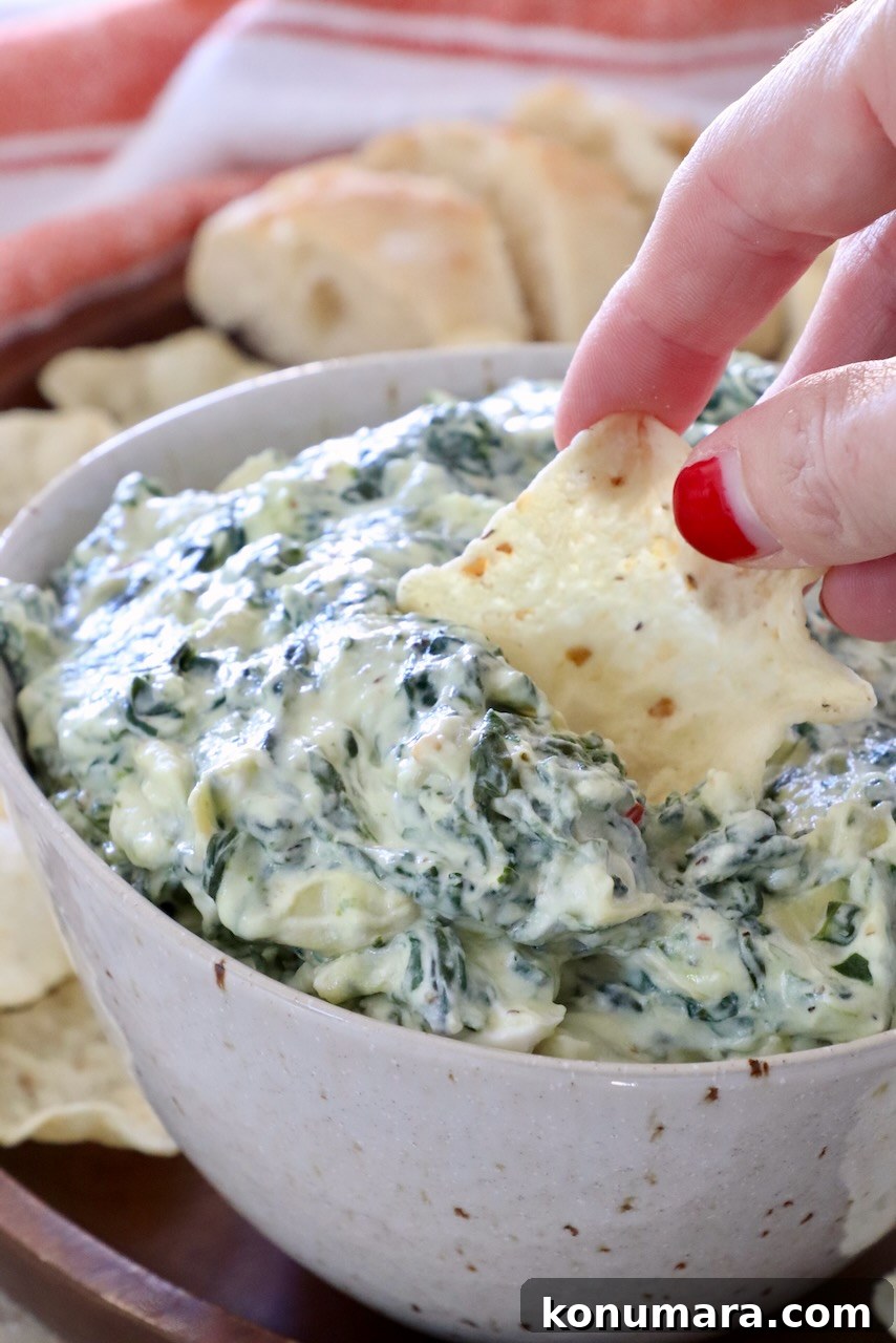 Creamy Baked Spinach and Artichoke Dip Recipe 2 hand dipping a tortilla chip into a bowl of spinach artichoke dip