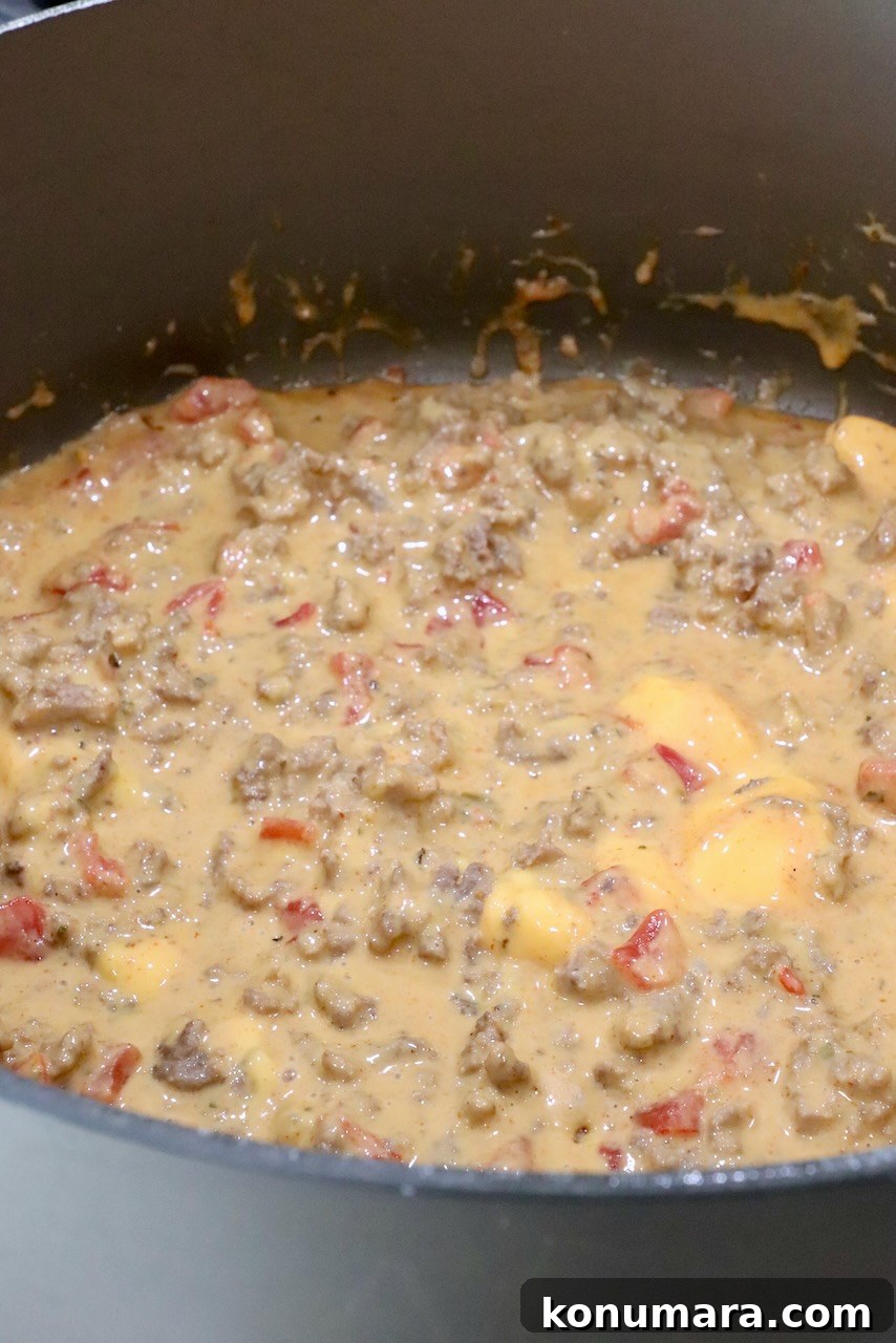 velvetta rotel dip in a large pot on the stove