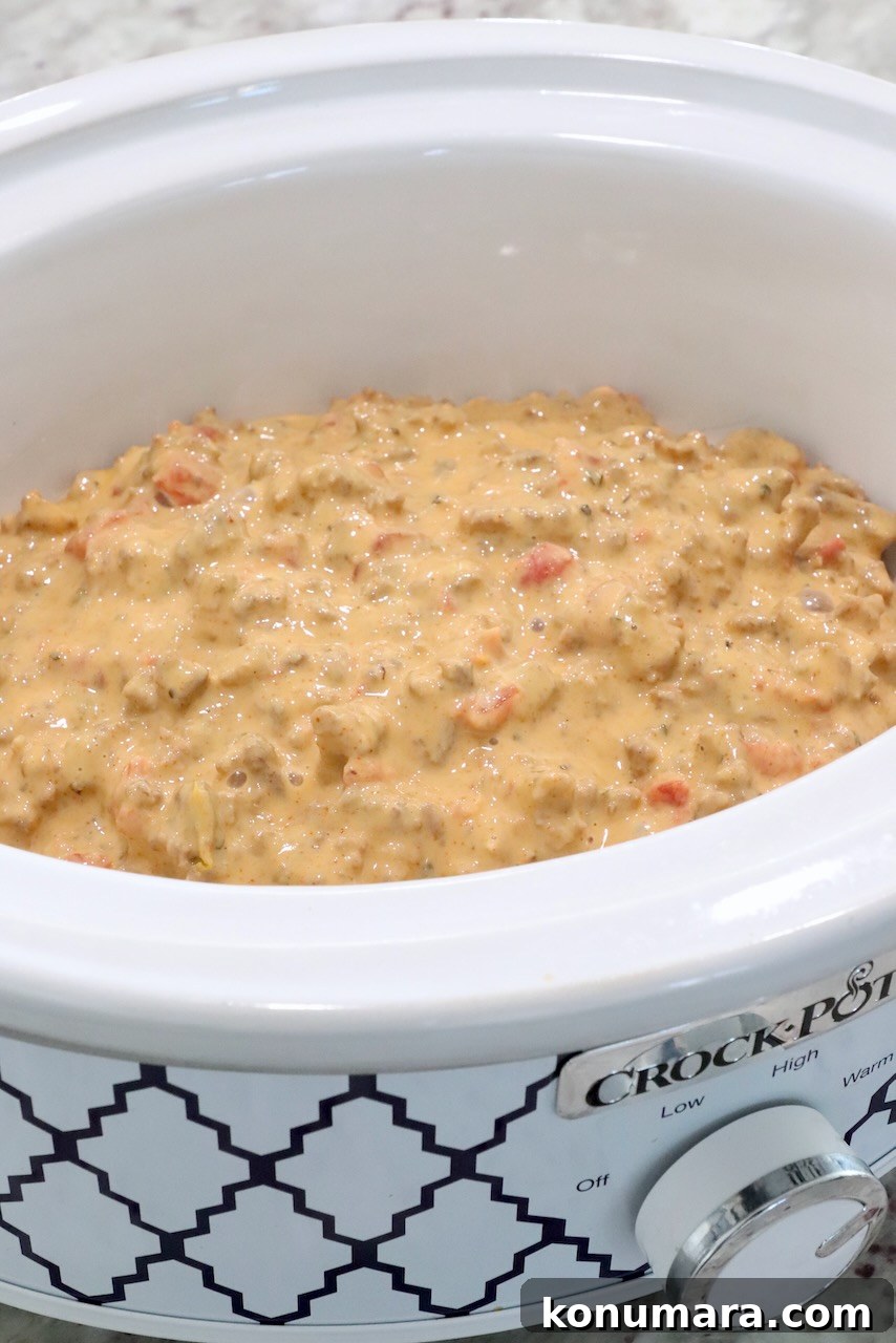 velvetta rotel dip in a small crock pot