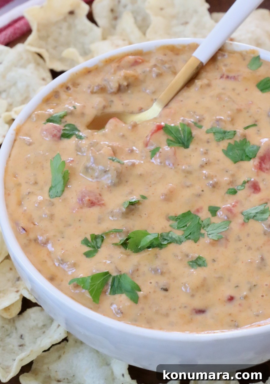 rotel queso dip in a bowl with a spoon
