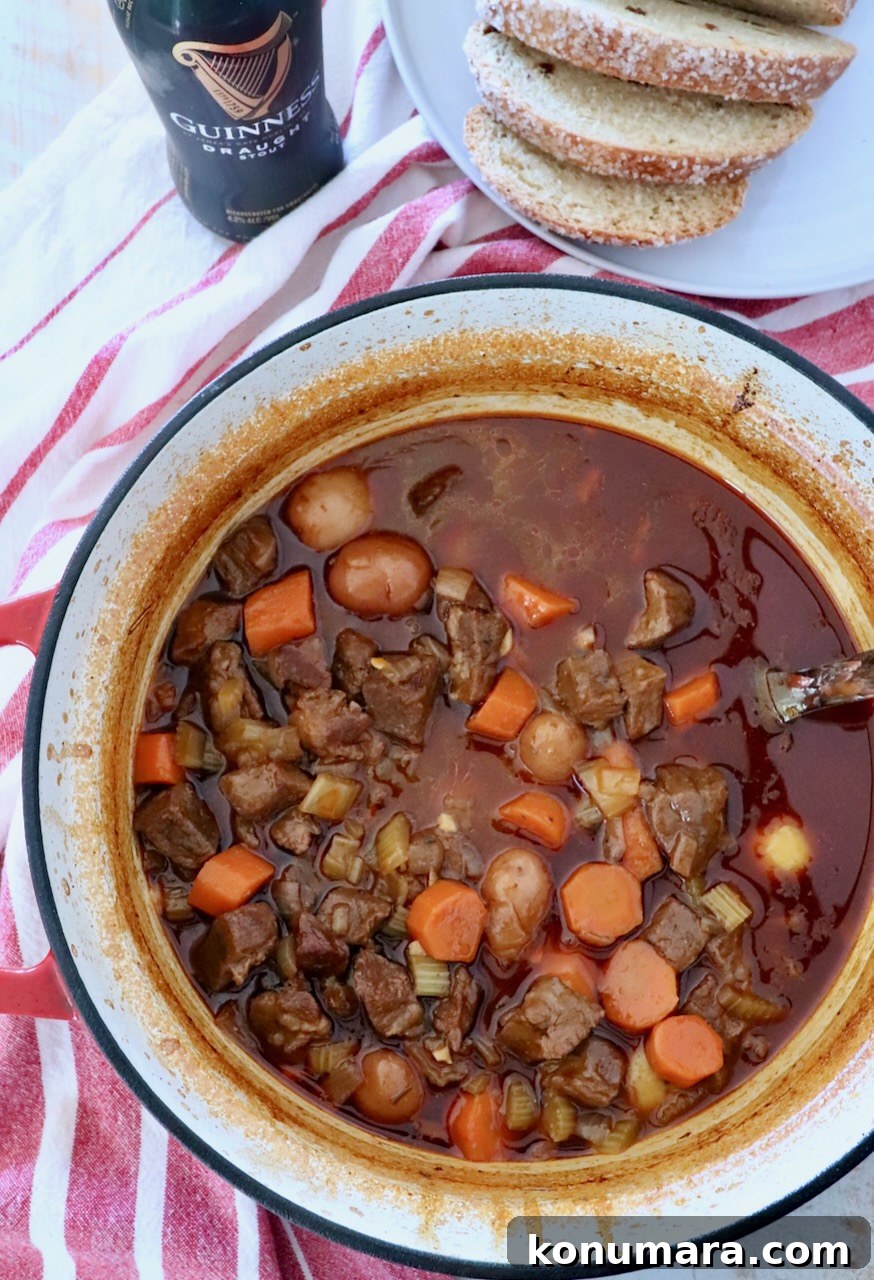 beef stew in a large cast iron pot next to a bottle of Guinness and sliced bread