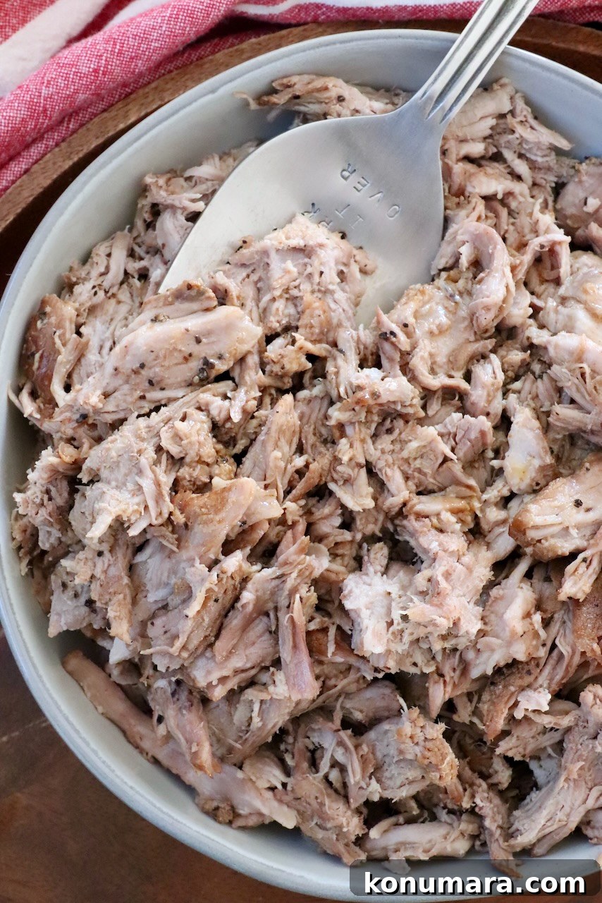 Slow-Cooker BBQ Pulled Pork Recipe 2 pulled pork in bowl with large serving fork