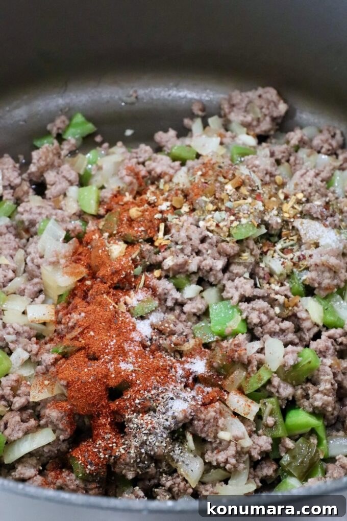 cooked ground beef in a large pot with spices on top