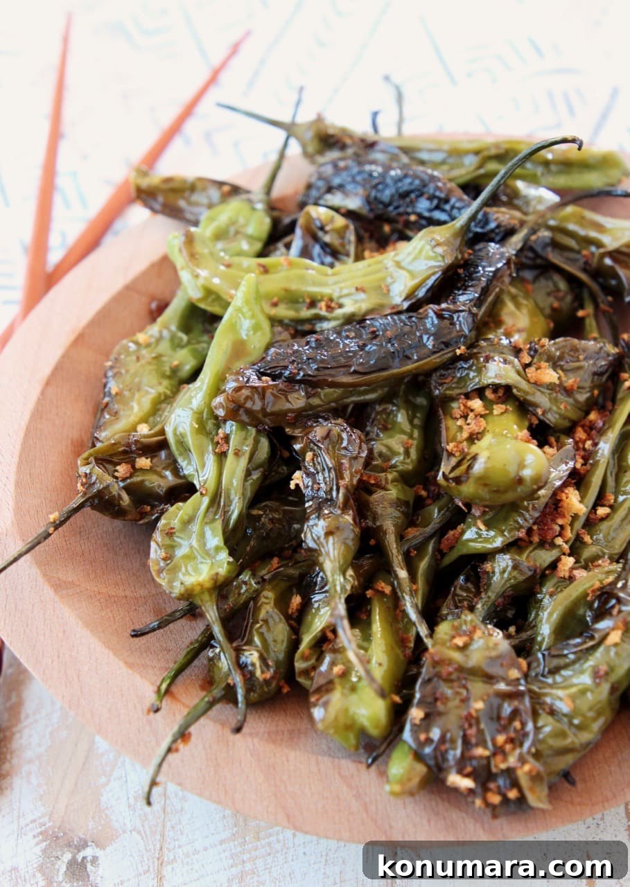 Blistered Shishito Peppers with Soy-Ginger Dipping Sauce 4 Shishito Peppers in Soy Ginger Sauce on Wooden Plate with Chopsticks