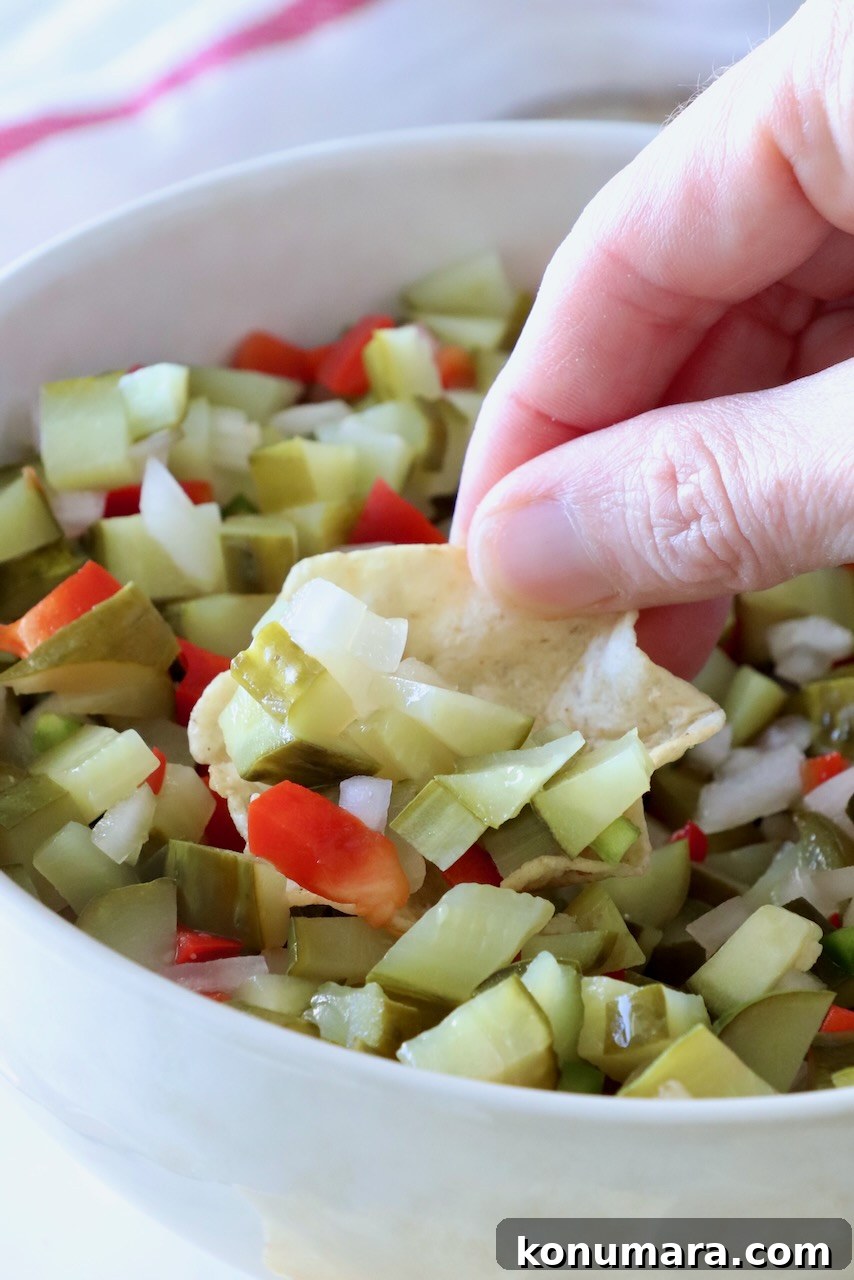 hand holding tortilla chip dipped in pickle de gallo