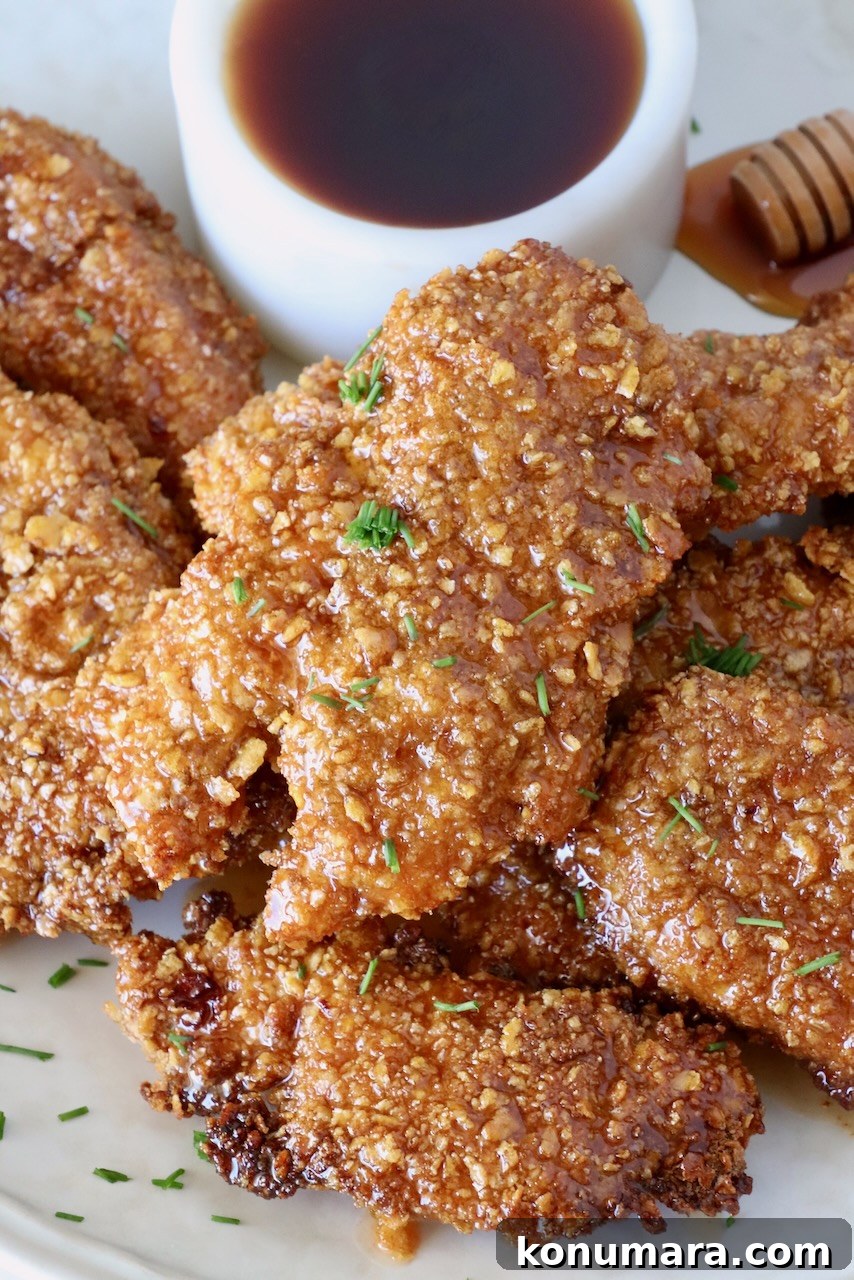 Hot Honey Glazed Chicken Recipe 2 Cooked chicken tenders on a plate with a small bowl of hot honey sauce