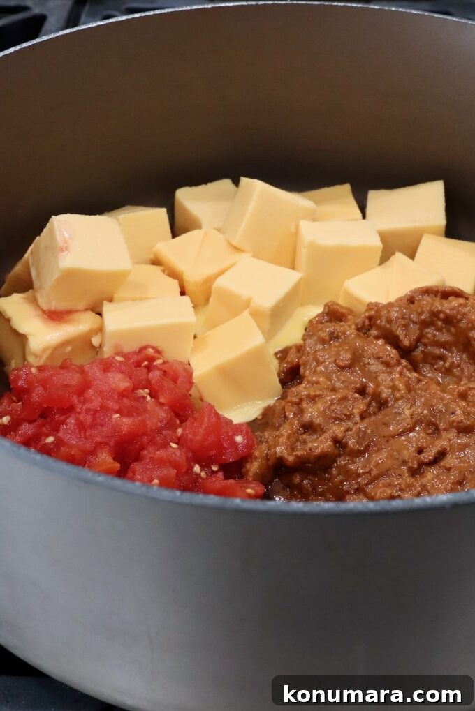 Creamy Chili Cheese Dip Recipe for Game Day 4 cubed velveeta cheese, diced tomatoes and chili in a large pot