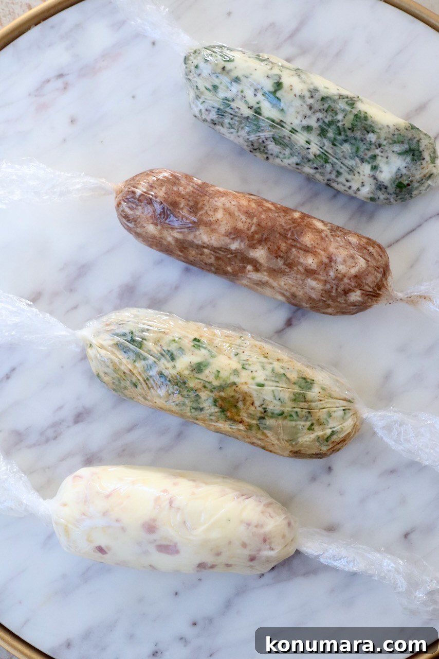 7 Homemade Compound Butter Recipes for Bread, Steak, and Veggies 8 different types of compound butter wrapped up in plastic wrap on a marble serving tray