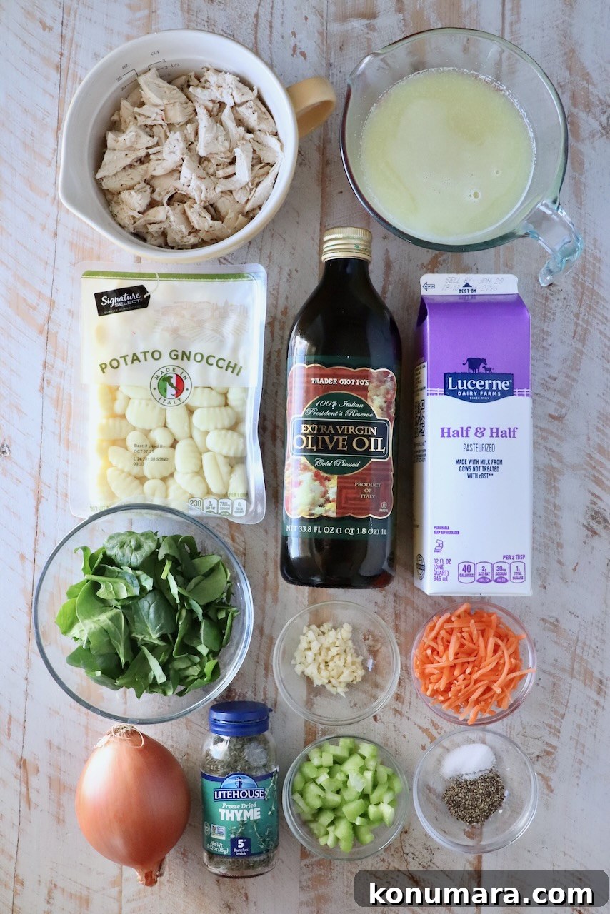 Creamy Chicken Gnocchi Soup Recipe 3 ingredients for chicken gnocchi soup on a white wood board