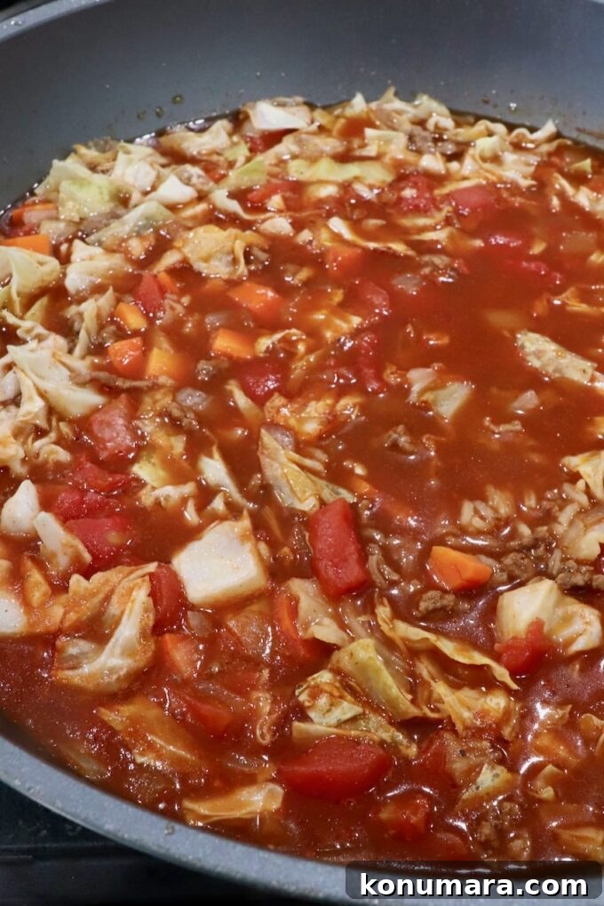 Hearty Cabbage Roll Soup with Savory Tomato Broth 9 cooked cabbage roll soup in a large pot on the stove