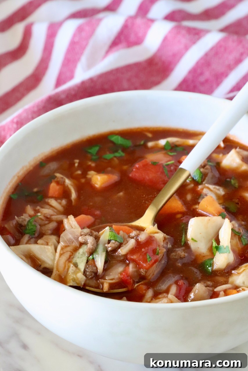 Hearty Cabbage Roll Soup with Savory Tomato Broth 10 cabbage roll soup in a bowl with a spoon