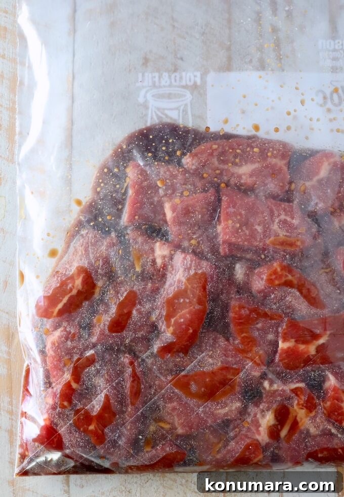 Pepper Steak Stir-Fry Recipe with Bell Peppers 4 slices of beef in marinade in a plastic zipper bag