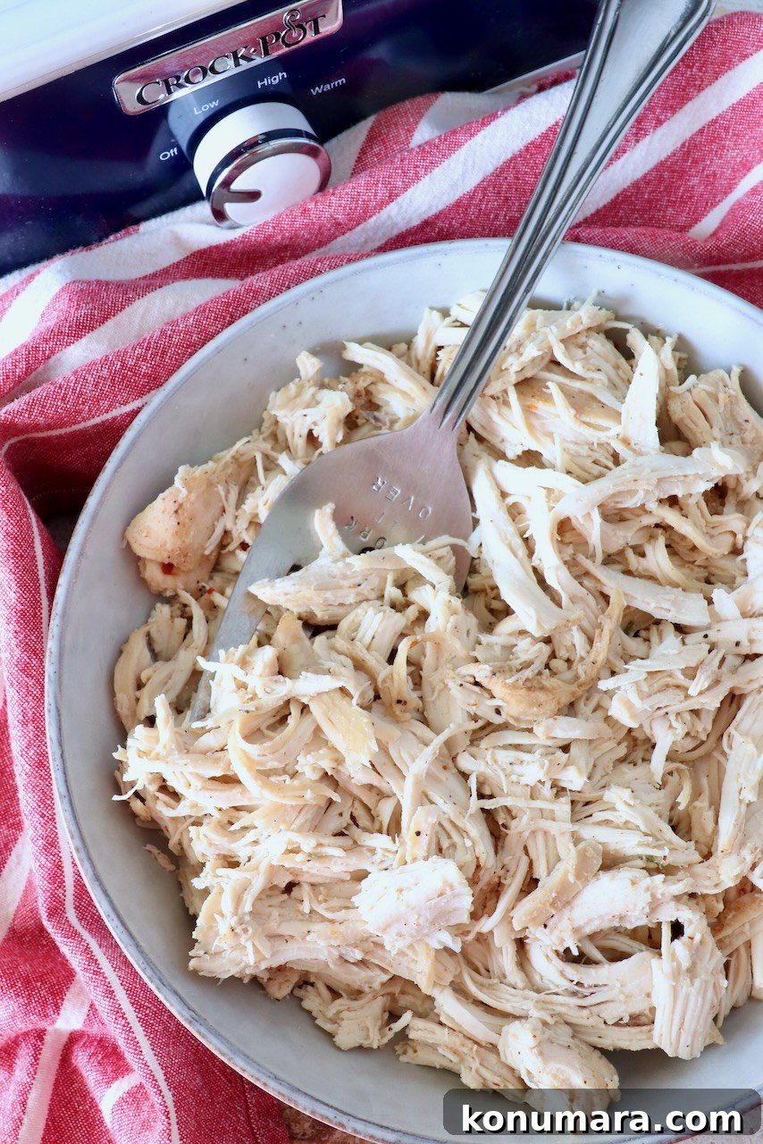 Slow Cooker Shredded Chicken Recipe for Tacos and Sandwiches 2 shredded chicken in a bowl with a large serving fork, sitting next to a red striped towel and a blue Crock Pot