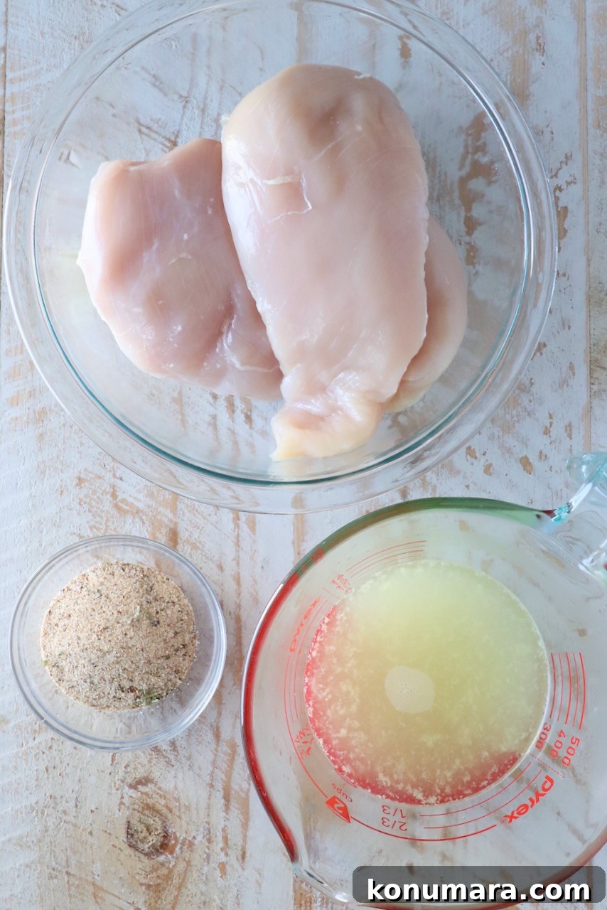Slow Cooker Shredded Chicken Recipe for Tacos and Sandwiches 3 three glass bowls filled with raw chicken breasts, chicken seasoning and chicken broth
