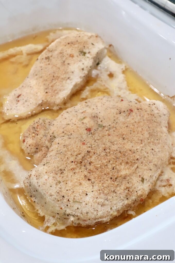 Slow Cooker Shredded Chicken Recipe for Tacos and Sandwiches 5 cooked seasoned chicken breasts in a slow cooker with chicken broth
