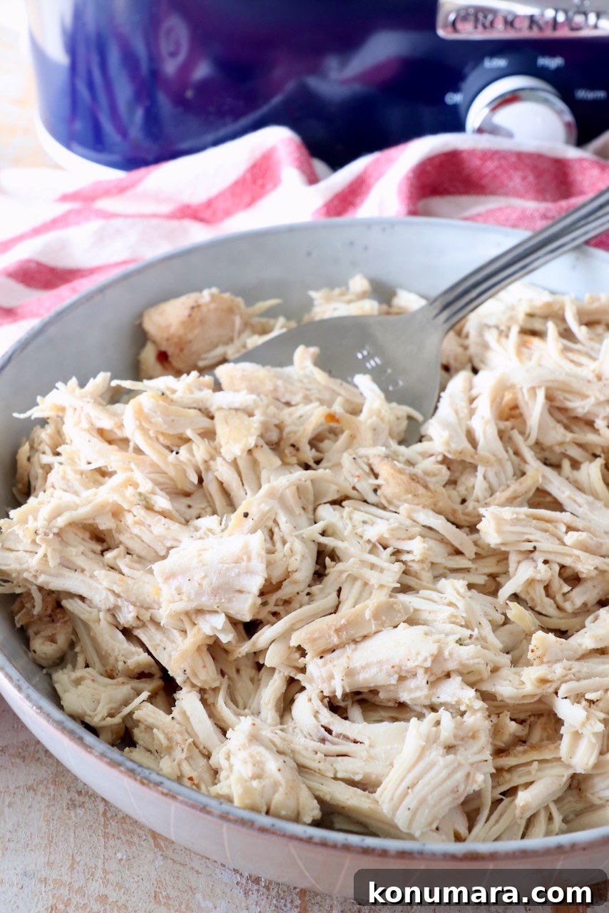 Slow Cooker Shredded Chicken Recipe for Tacos and Sandwiches 8 shredded chicken in a bowl in front of a Crock Pot