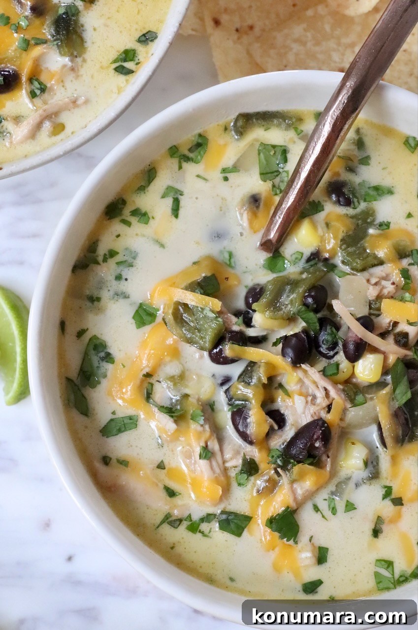 chicken poblano soup in a bowl with a spoon