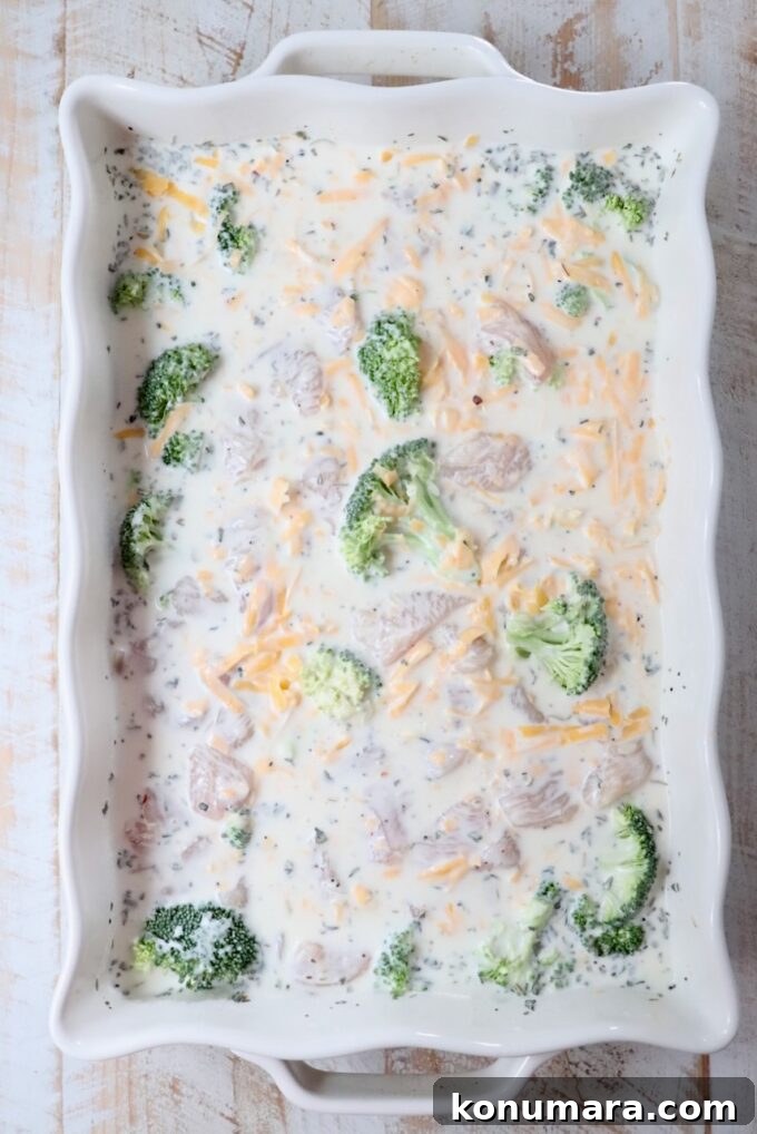 pieces of raw chicken and broccoli in a creamy sauce in a casserole dish