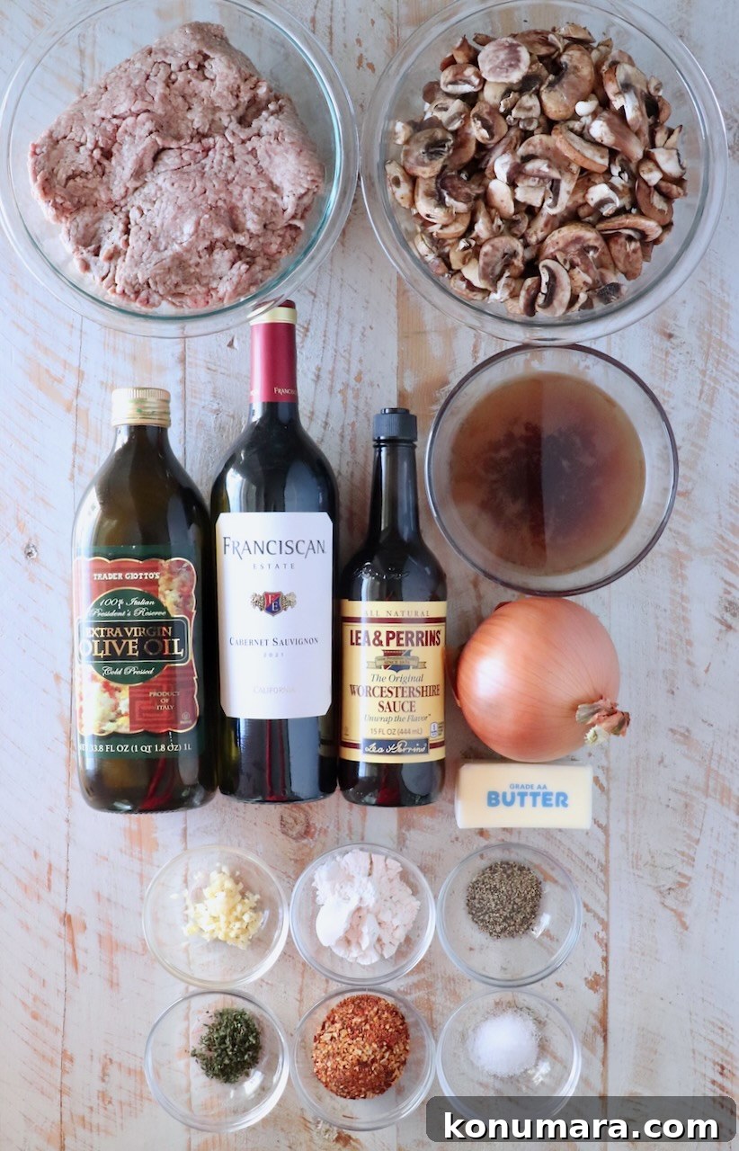 How to Make Chopped Steak with Mushroom Gravy 3 ingredients for chopped steak with red wine gravy on a white wood board