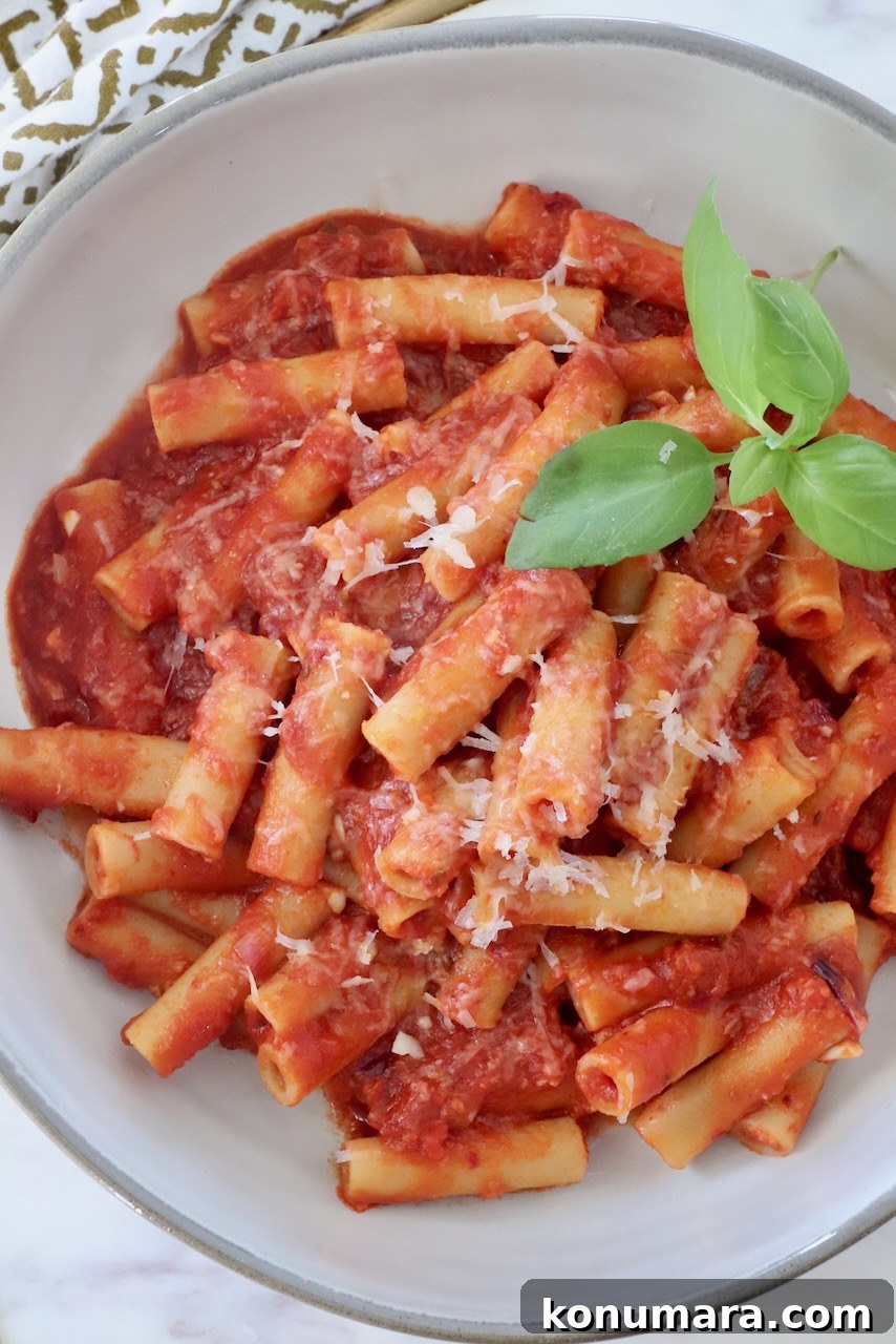 cooked pasta tossed with tomato nduja sauce in a bowl with fresh basil leaves