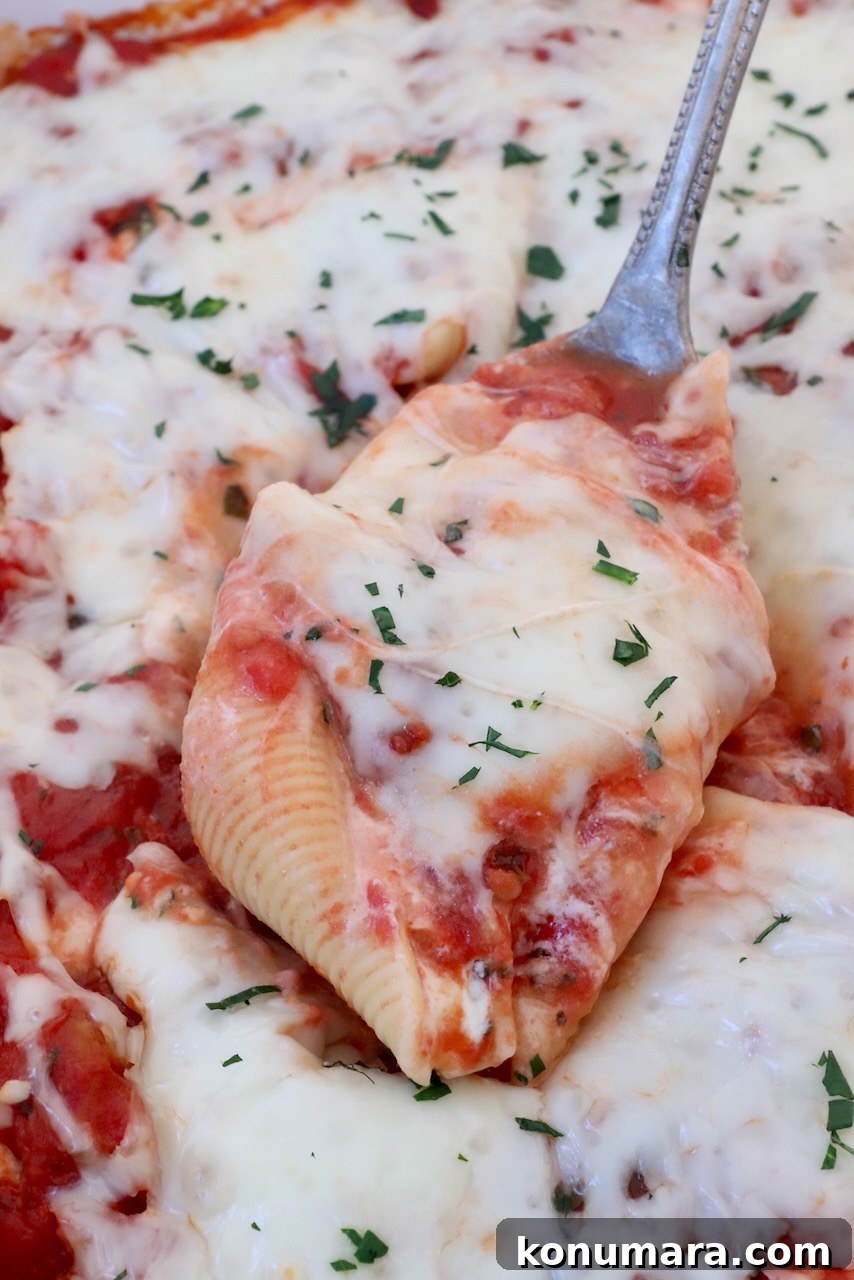 Ricotta Stuffed Shells Recipe with Spinach 2 stuffed pasta shell filled with cheese and marinara sauce lifted out of a casserole dish with a serving spoon