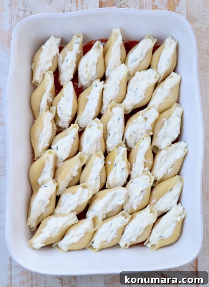 Ricotta Stuffed Shells Recipe with Spinach 7 cheese stuffed pasta shells in a casserole dish