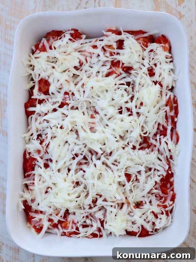 Ricotta Stuffed Shells Recipe with Spinach 9 stuffed shells topped with marinara sauce and shredded mozzarella cheese in a casserole dish