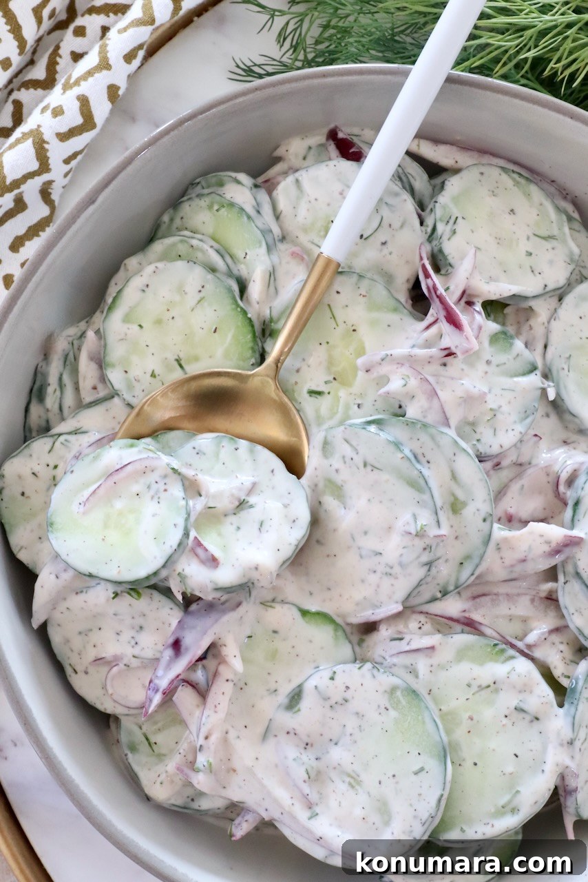 Creamy Cucumber Salad with Dill and Yogurt Dressing 2 sliced cucumbers tossed with a creamy dressing in a bowl with a spoon