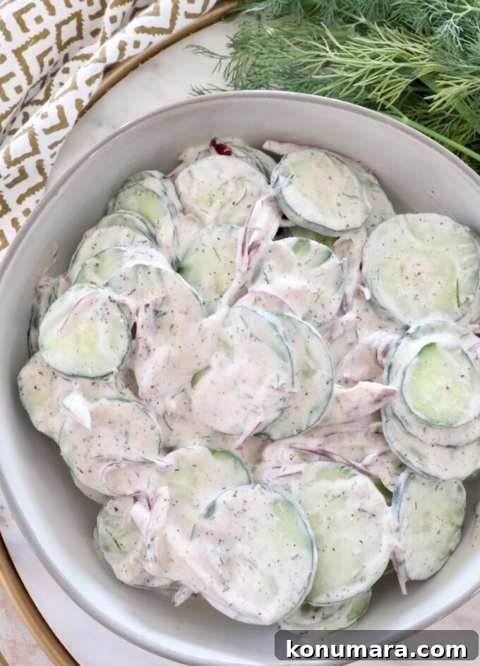 Creamy Cucumber Salad with Dill and Yogurt Dressing 5 sliced cucumbers and red onions tossed with a creamy dressing in a bowl