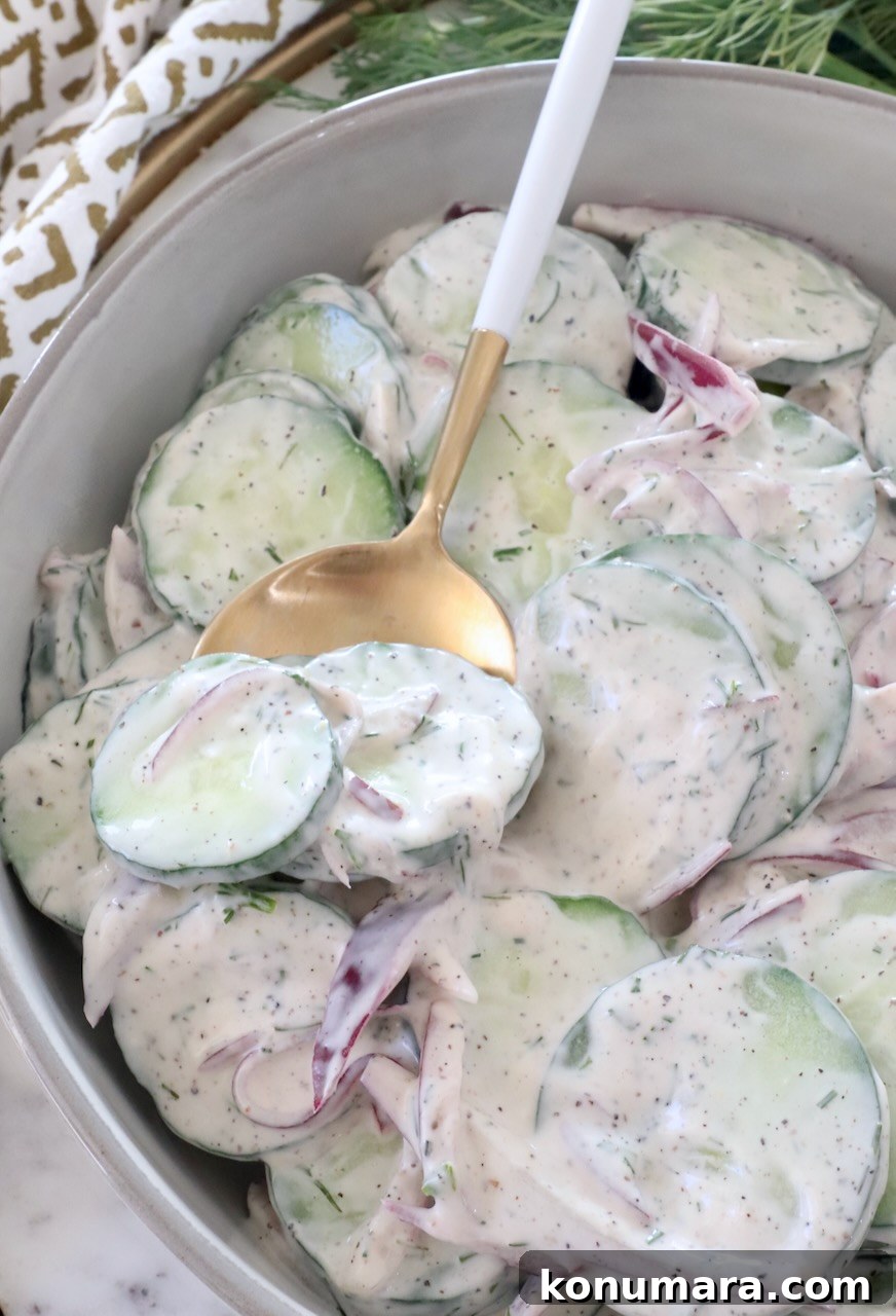Creamy Cucumber Salad with Dill and Yogurt Dressing 6 creamy cucumber salad in a bowl with a spoon